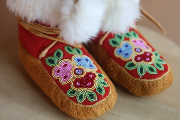 Emily J. Youth Red Felt & Moose Hide Mukluks