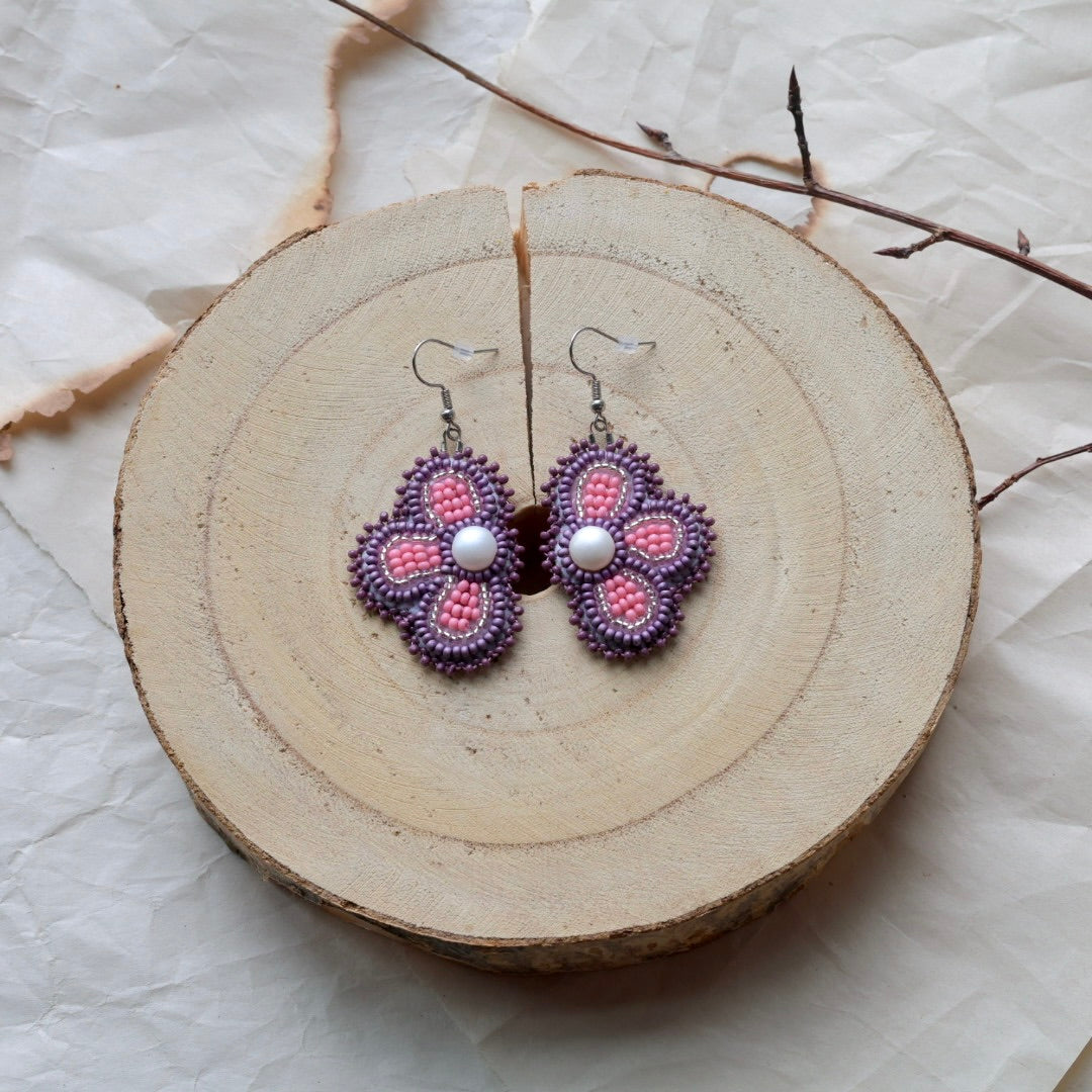 Windy North Designs Pink & Purple Floral Beaded Necklace & Earrings