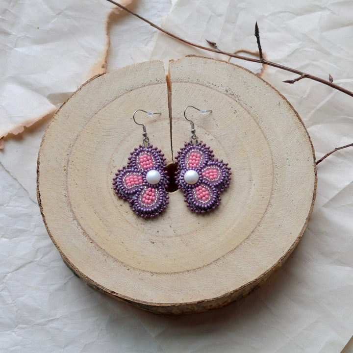 Windy North Designs Pink & Purple Floral Beaded Necklace & Earrings