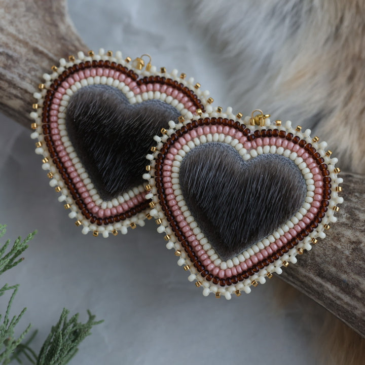 Keegan W. Seal Fur Beaded Heart Earrings