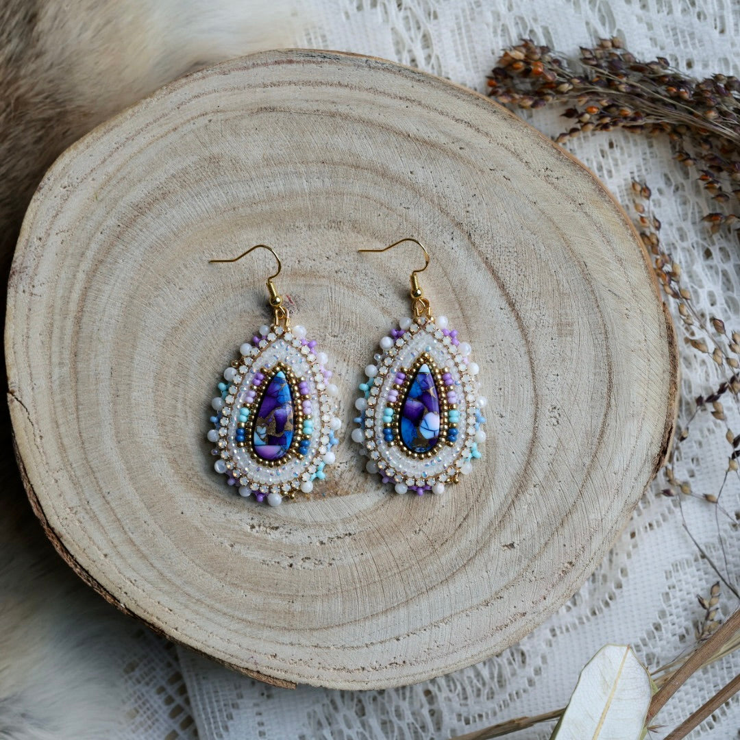 Prairie Sage Beadwork Blue Copper Dahlia Turquoise Beaded Earrings