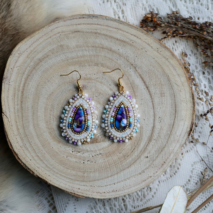 Prairie Sage Beadwork Blue Copper Dahlia Turquoise Beaded Earrings