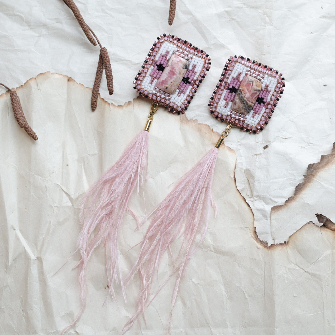 TLee Beads Convertible Ostrich Feather Rhodochrosite Beaded Earrings