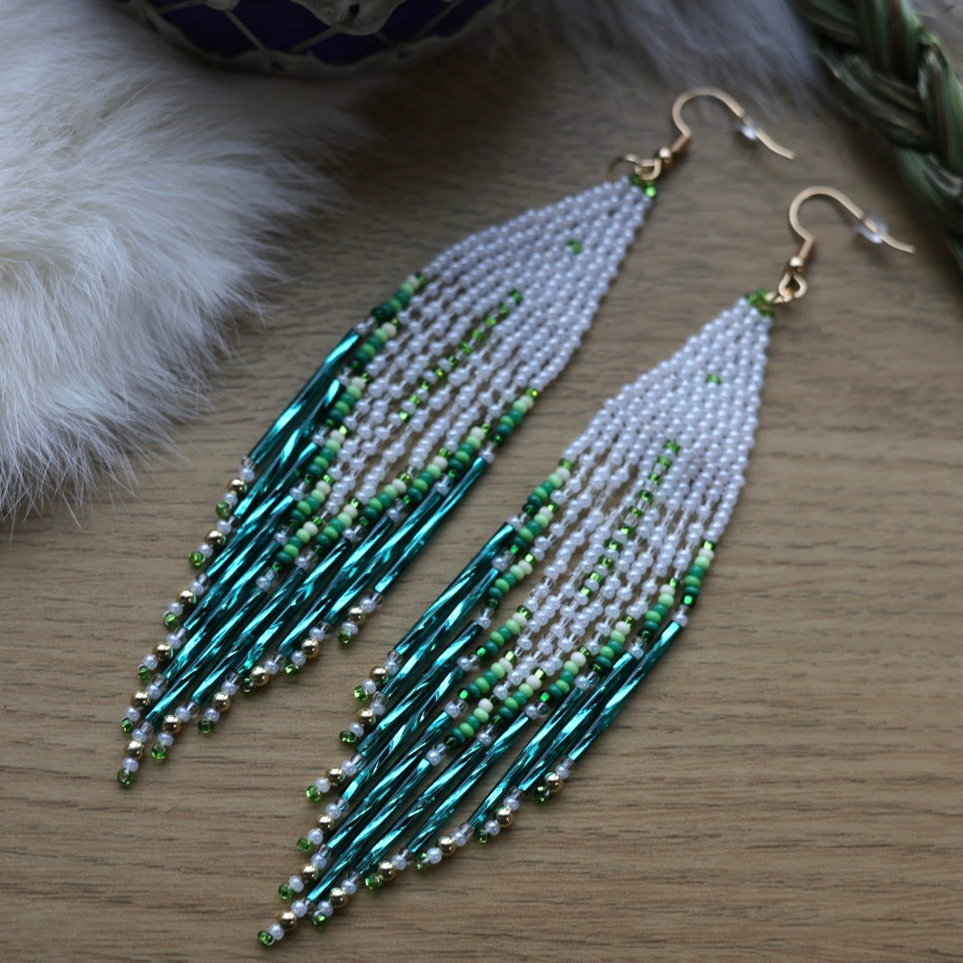 Clear Sky Woman Bugle Fringe Earrings