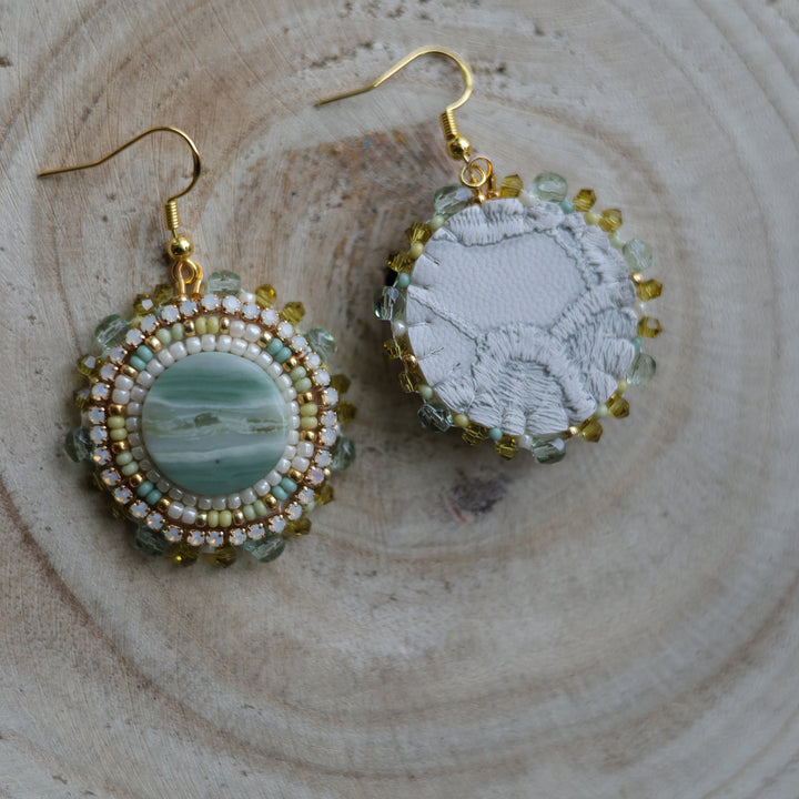 Prairie Sage Beadwork Round Serpentine Agate Beaded Earrings