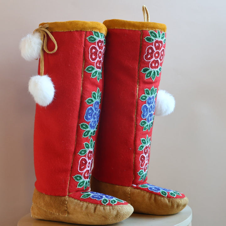 Emily J. Handmade Felt Mukluks with Red and Blue Floral Detail