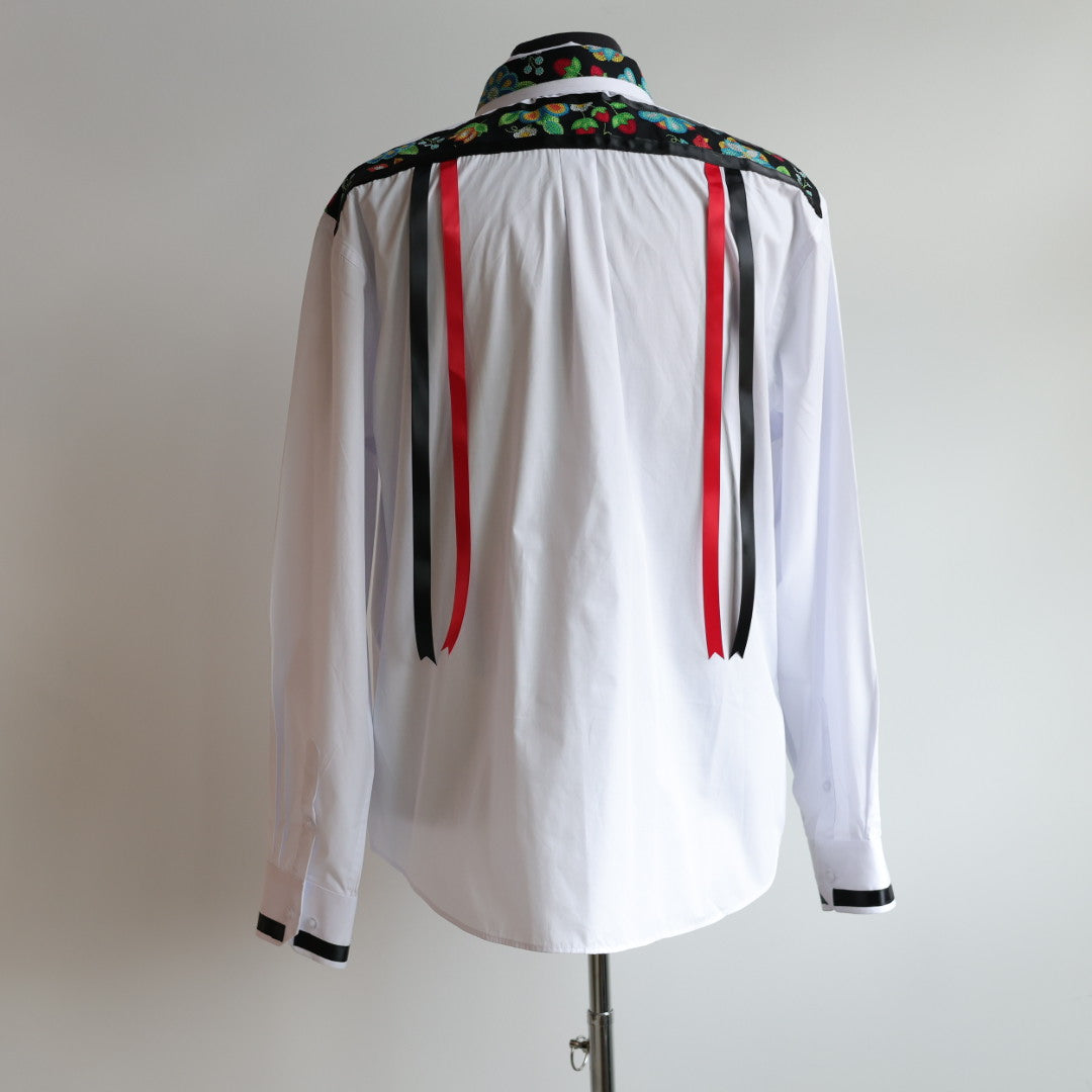 Margaret R. White &amp; Black Beaded Floral Ribbon Shirt