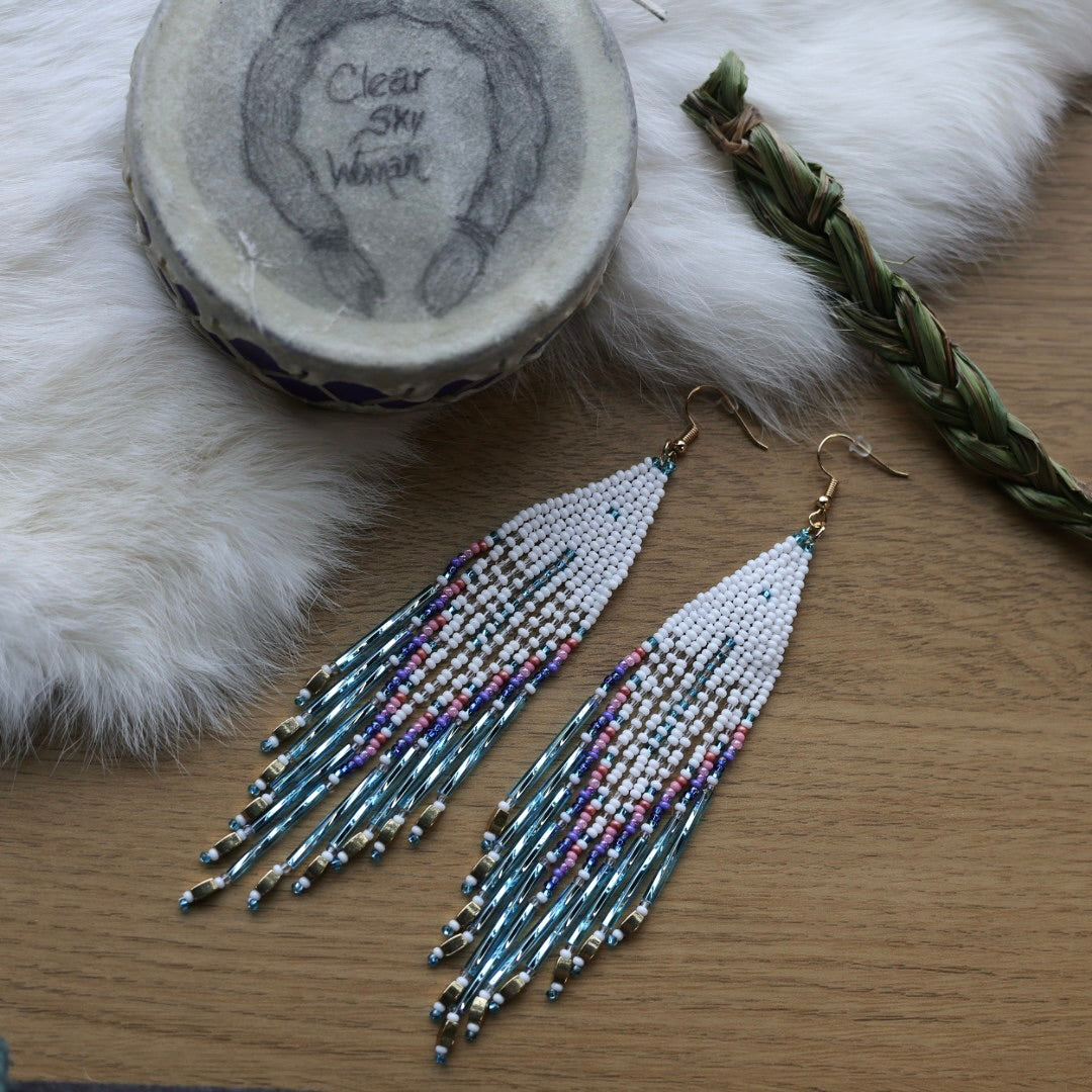 Clear Sky Woman Bugle Fringe Earrings