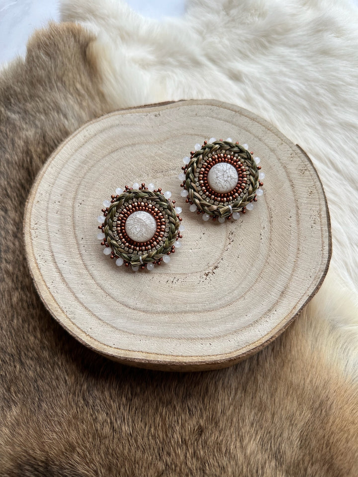 Katawashishin Beadwork Crackle Cabochon Sweetgrass Earrings