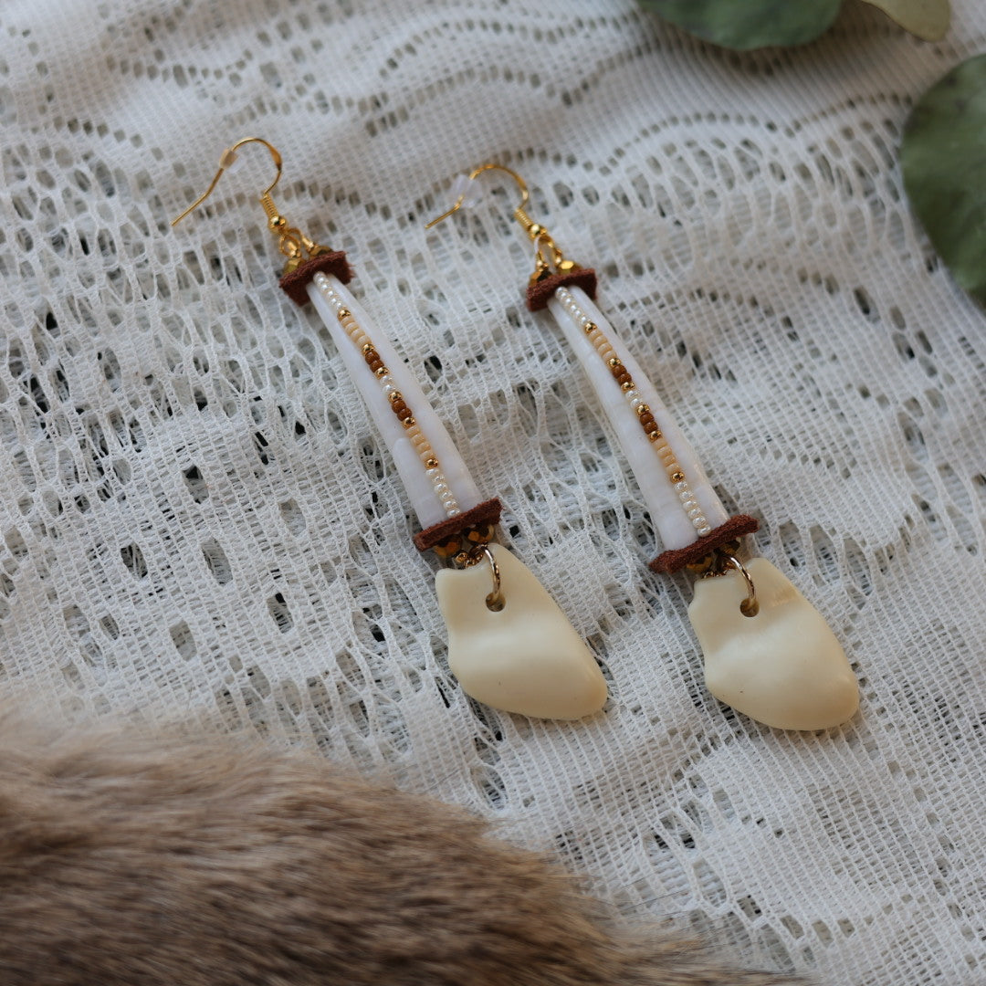 Prairie Sage Beadwork Dentalium & Imitation Elk Ivory Drop Earring