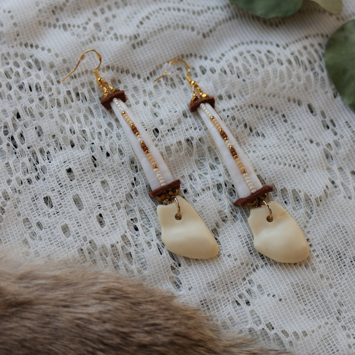 Prairie Sage Beadwork Dentalium & Imitation Elk Ivory Drop Earring