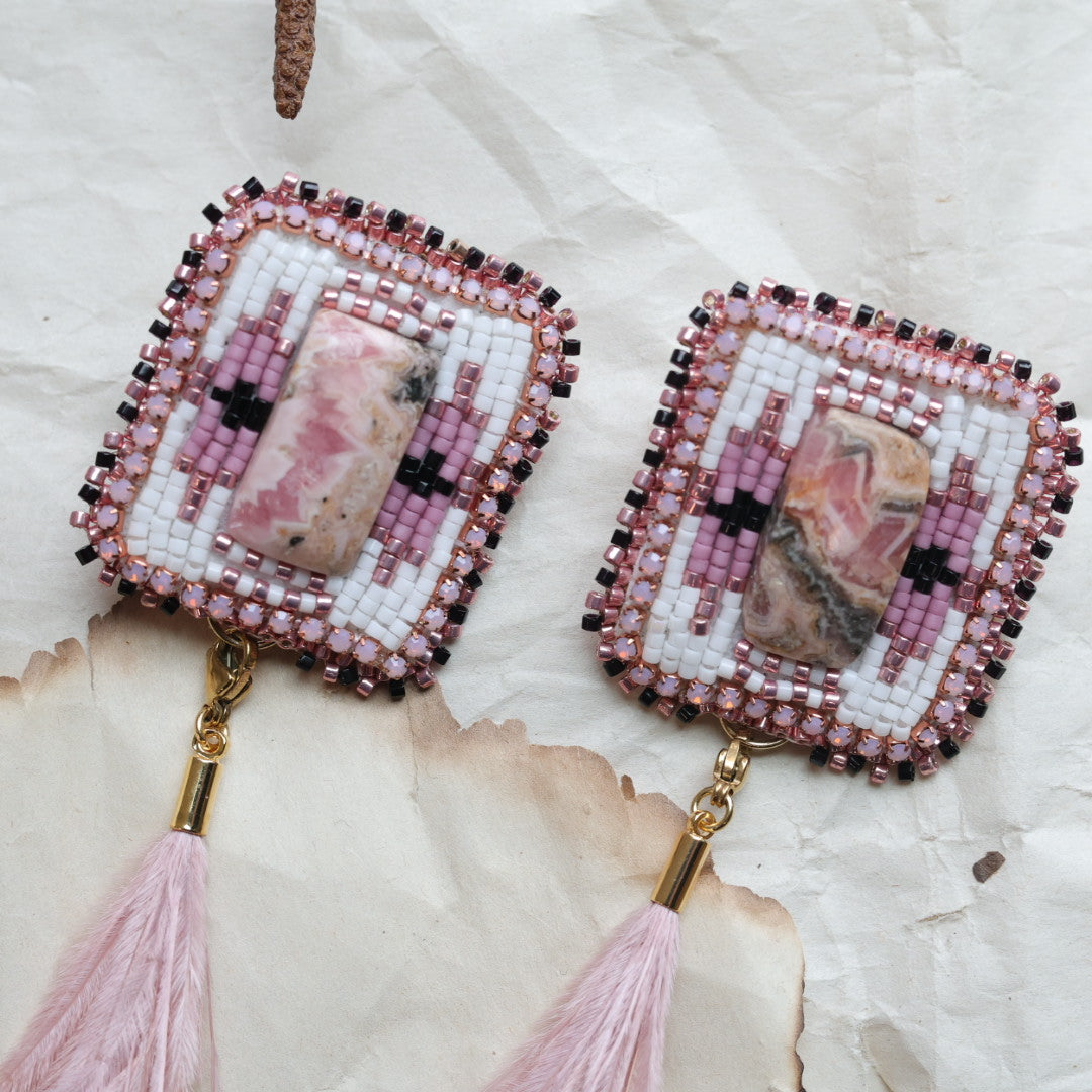 TLee Beads Convertible Ostrich Feather Rhodochrosite Beaded Earrings