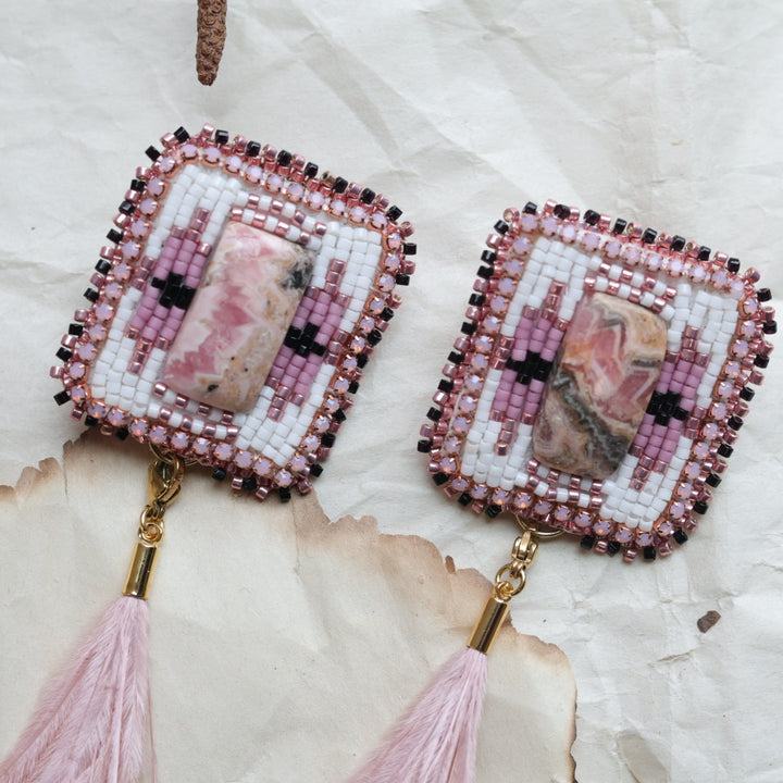 TLee Beads Convertible Ostrich Feather Rhodochrosite Beaded Earrings