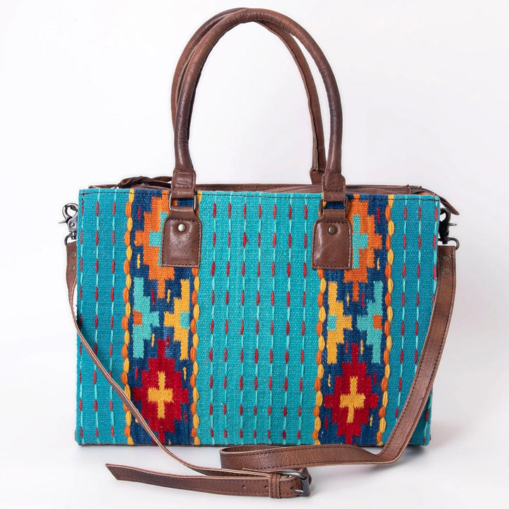 LS Western Turquoise Saddle Blanket &amp; Genuine Leather Tote Bag