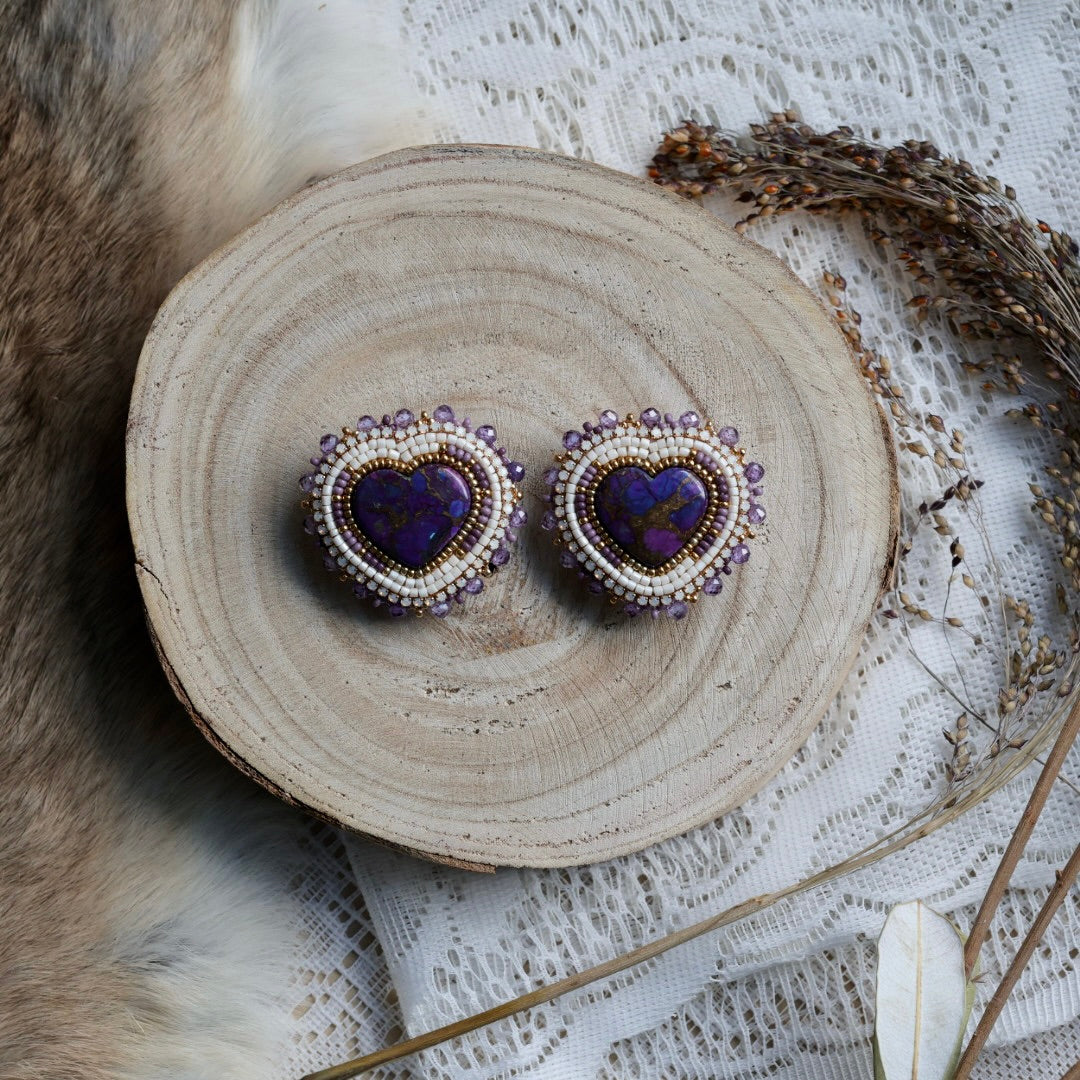 Prairie Sage Beadwork Purple Heart Beaded Earrings