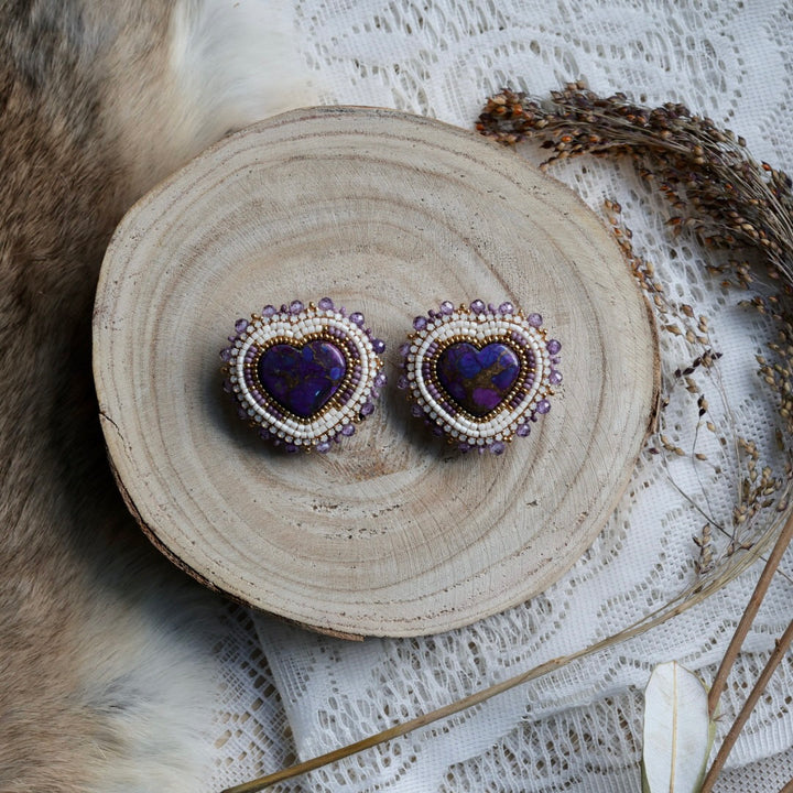 Prairie Sage Beadwork Purple Heart Beaded Earrings