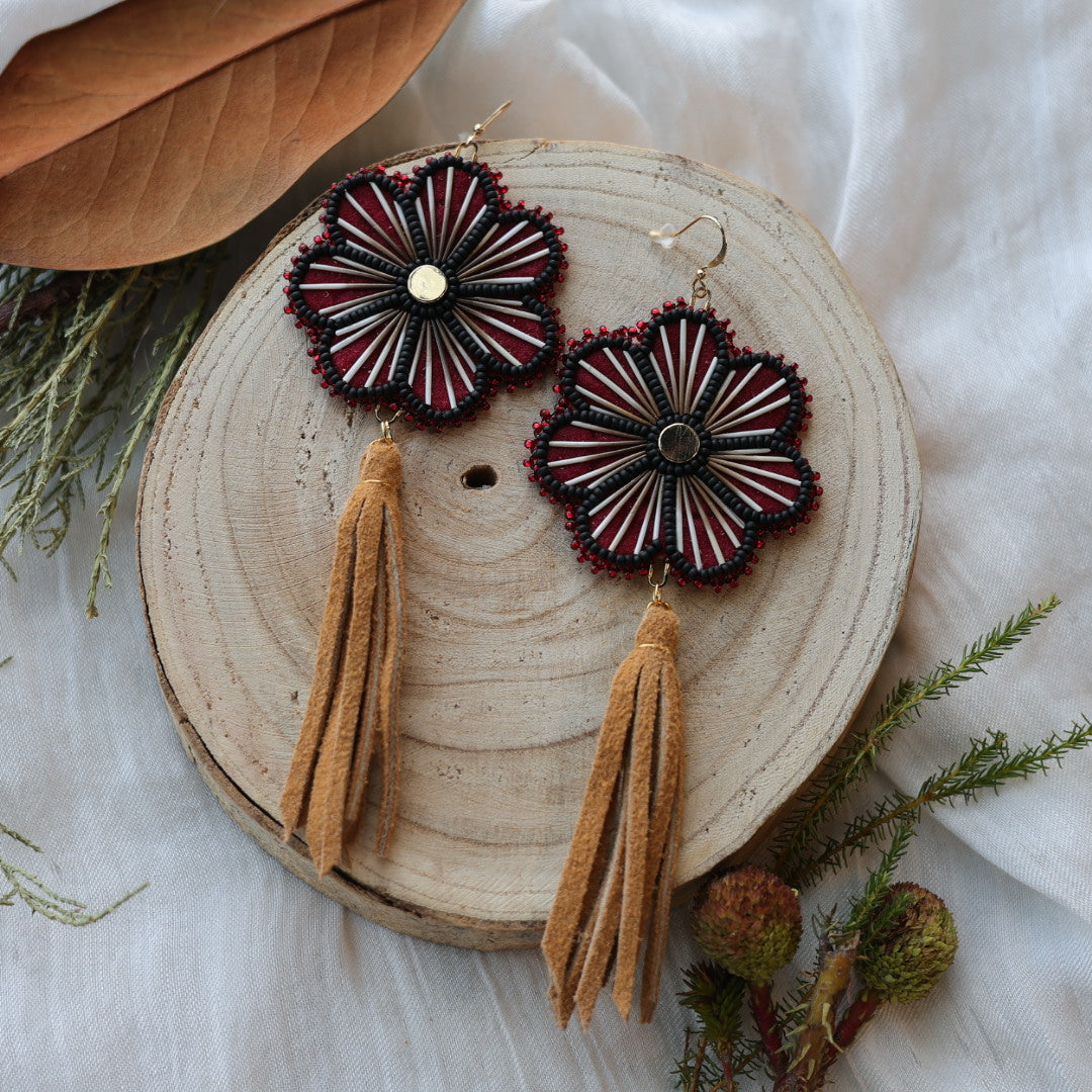 Boreal Forest Beads Floral Moose Hide Tassel Earrings