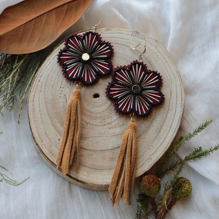Boreal Forest Beads Floral Moose Hide Tassel Earrings