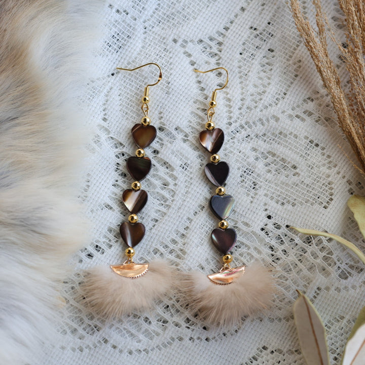 Prairie Sage Beadwork Coffee Mother of Pearl &amp; Mink Fur Drop Earrings