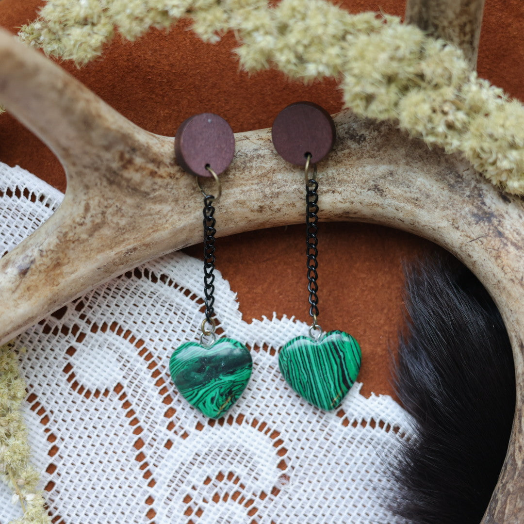 DMD Beadwork Malachite Heart Earrings