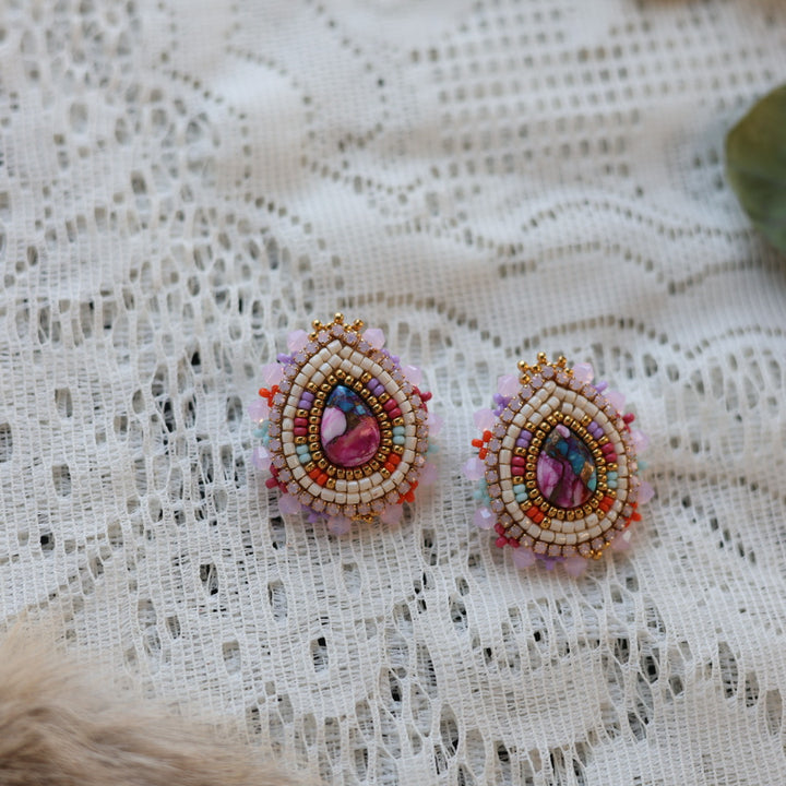 Prairie Sage Beadwork Pink Mohave Copper Turquoise Teardrop Beaded Earrings