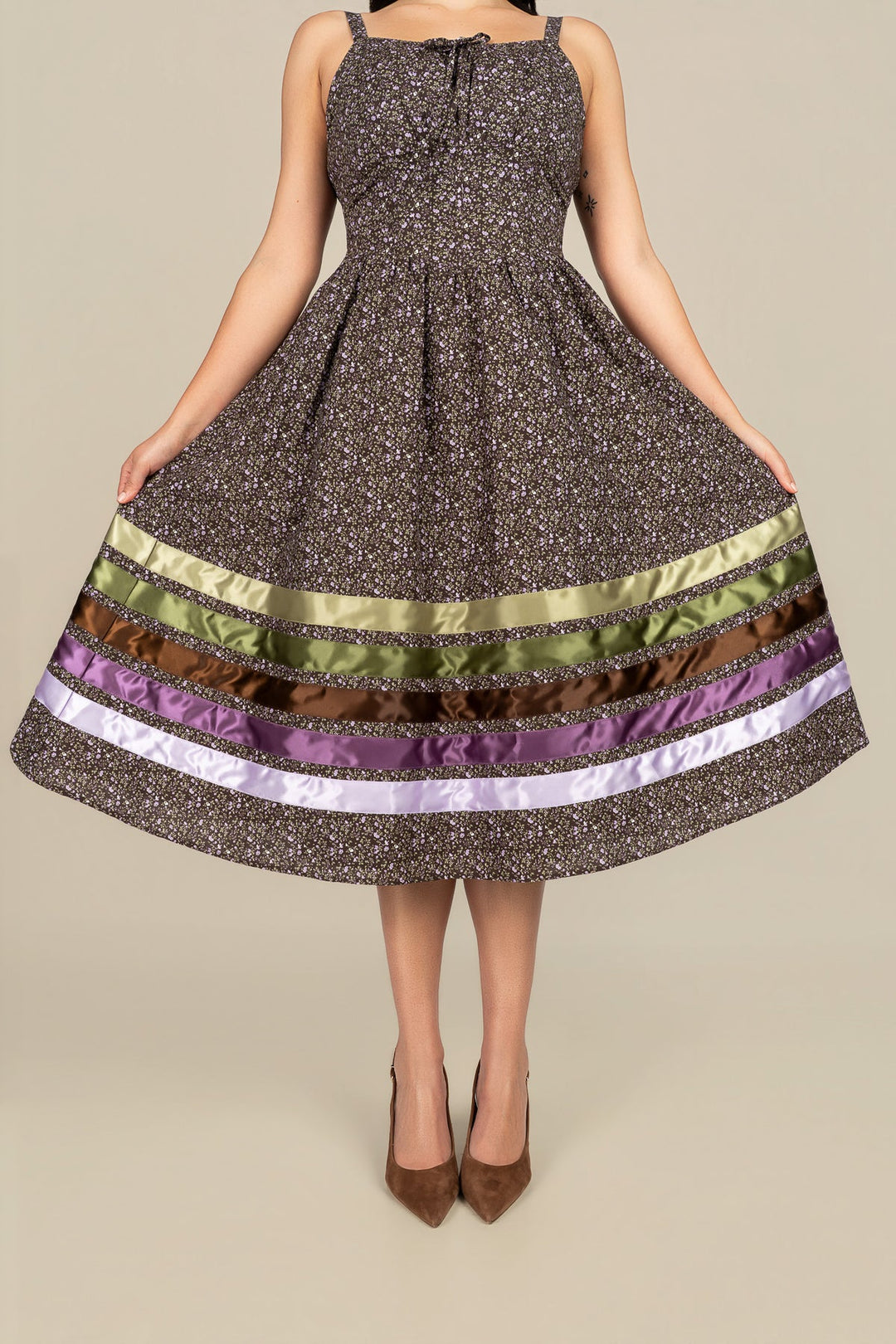 B. YELLOWTAIL Corset Midi Ribbon Dress- Brown