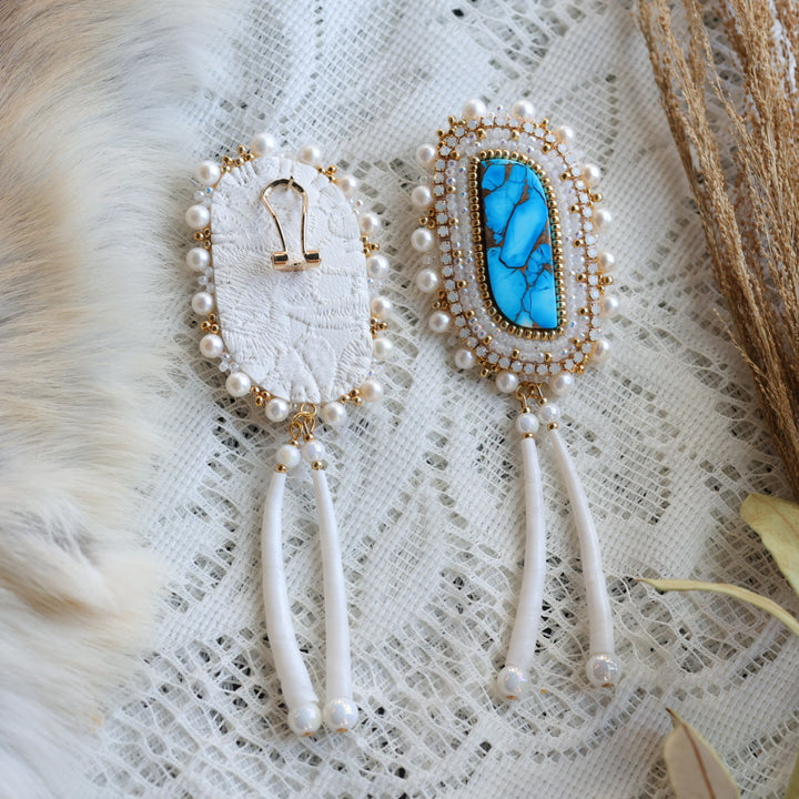Prairie Sage Beadwork Turquoise and Dentalium Drop Earrings