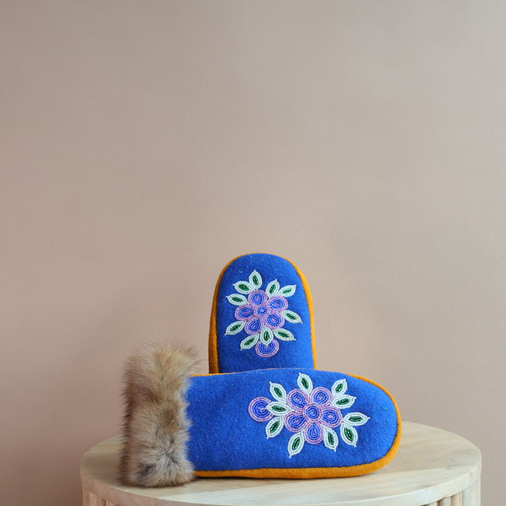 Emily J. Blue Felt & Beaver Pelt Moose Hide Mittens