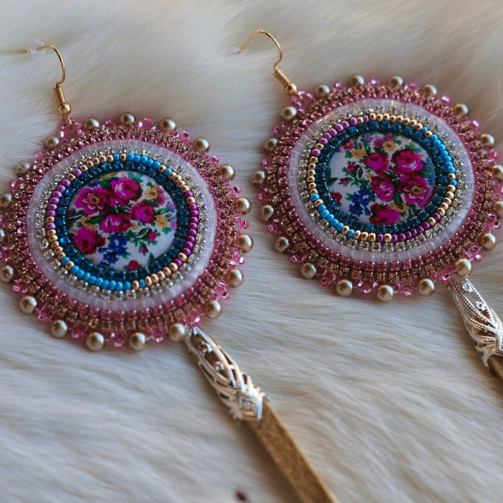 Mercedes G. Large Kokum Floral Beaded Earrings With Moose Hide Tassels