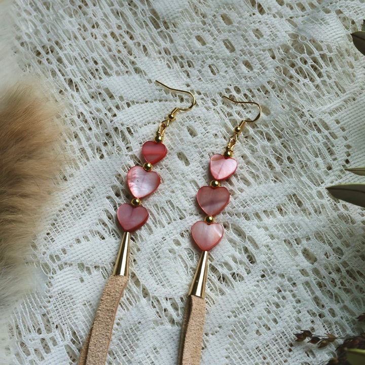 Prairie Sage Beadwork Dyed Mother of Pearl & Deer Hide Tassel Earrings