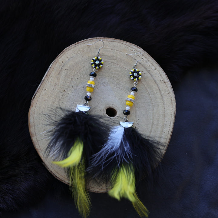 Helen Oro Designs Yellow Bead & Feather Earrings