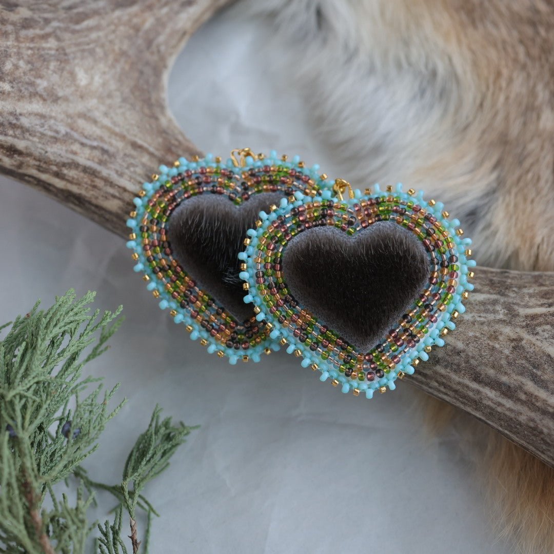 Keegan W. Seal Fur Beaded Heart Earrings