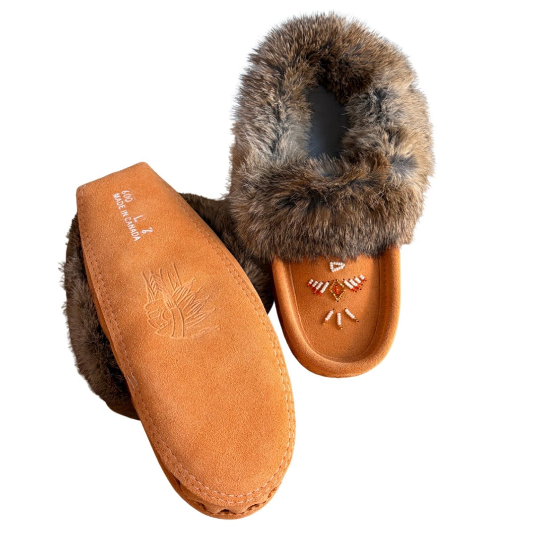 Laurentian Chief Ladies Fur Trimmed Moccasins Thunderbird Beaded Pattern