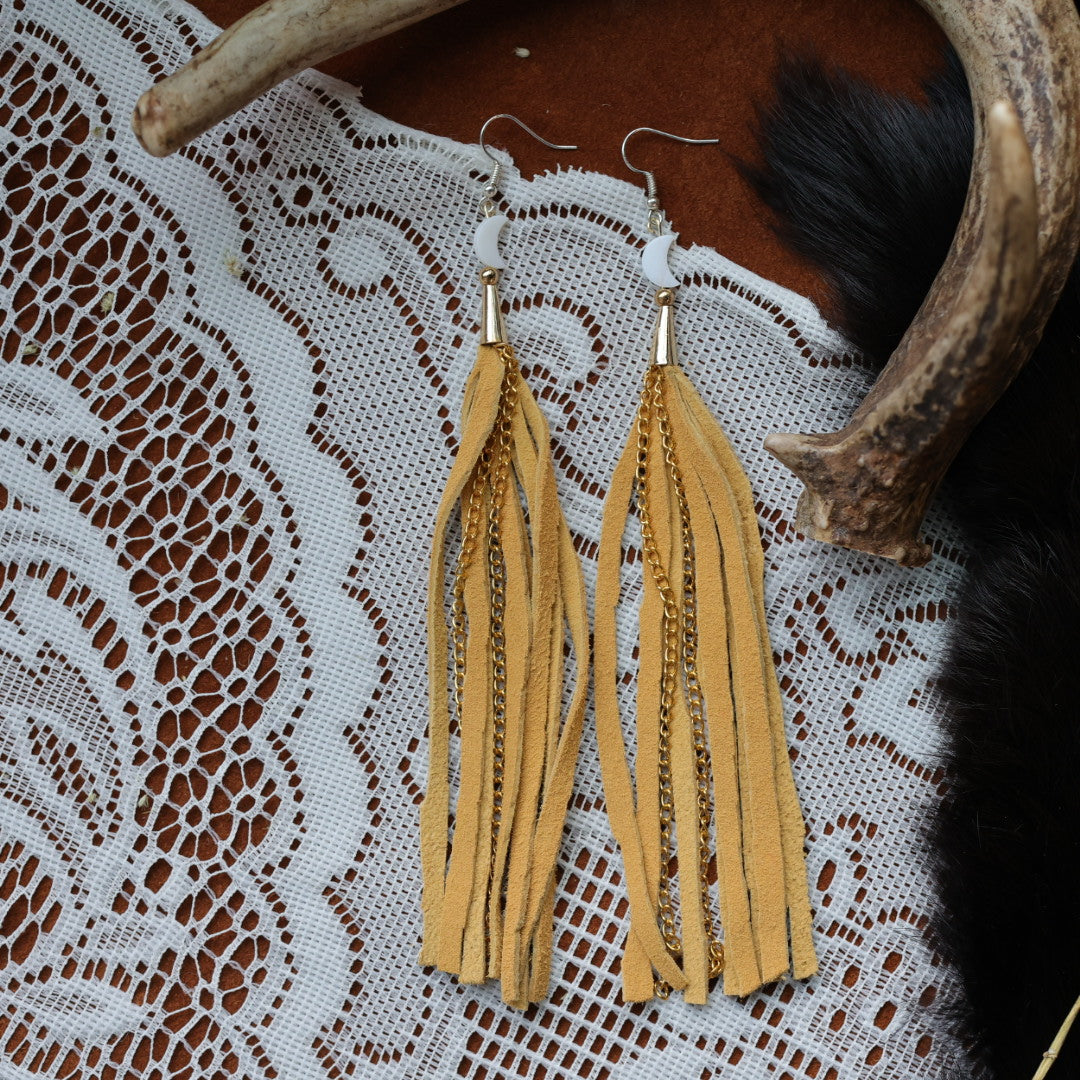 DMD Beadwork Moon Hide Fringe Earrings