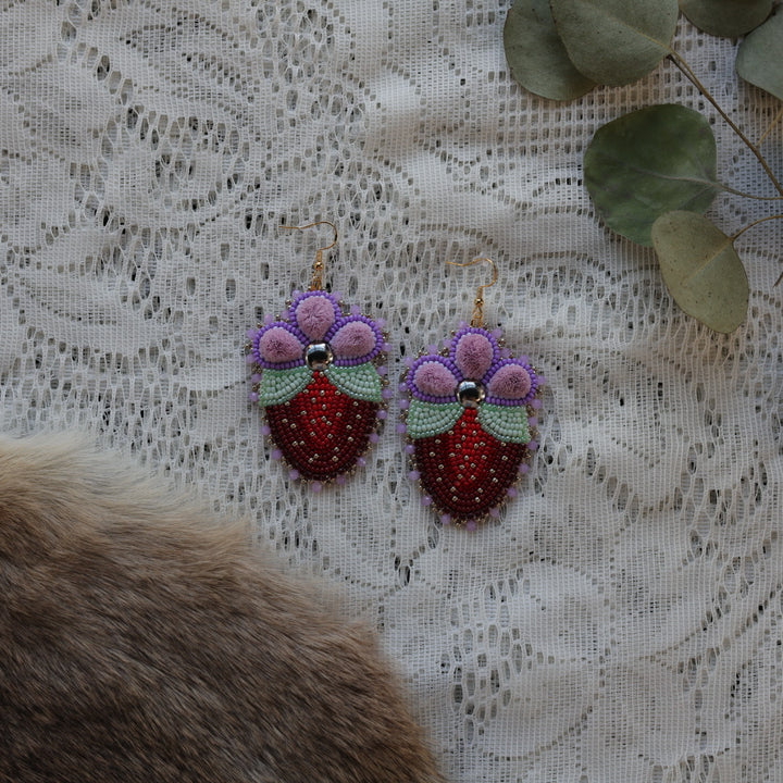 Prairie Sage Beadwork Caribou Tufted Strawberry Blossom Earrings