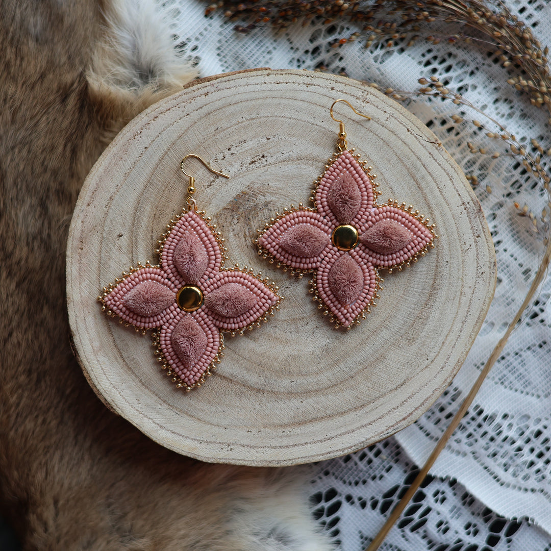 Prairie Sage Beadwork Four Petal Tufted Floral Earrings