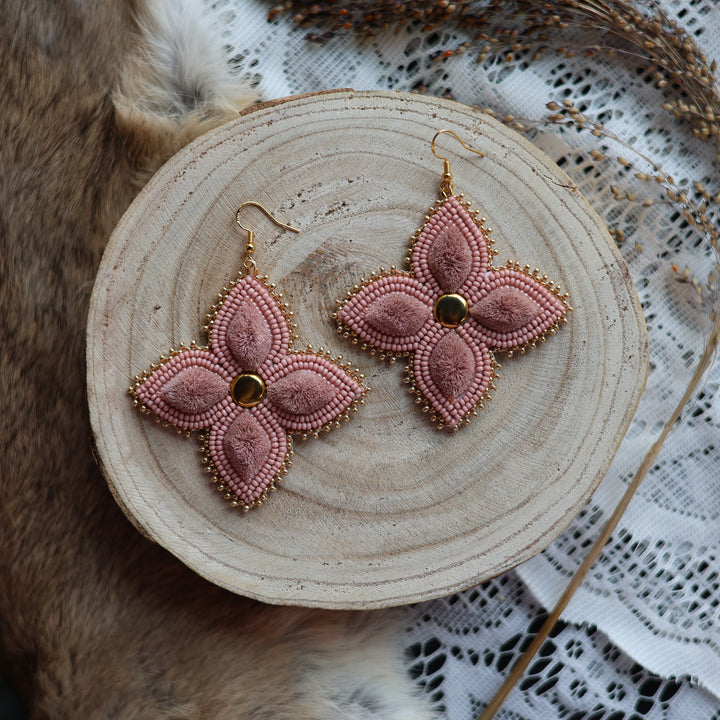 Prairie Sage Beadwork Four Petal Tufted Floral Earrings