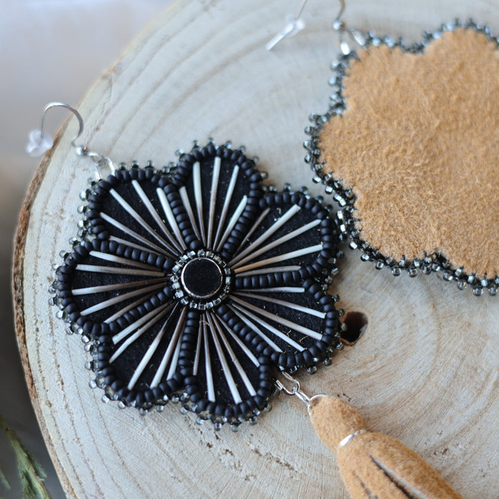 Boreal Forest Beads Floral Moose Hide Tassel Earrings