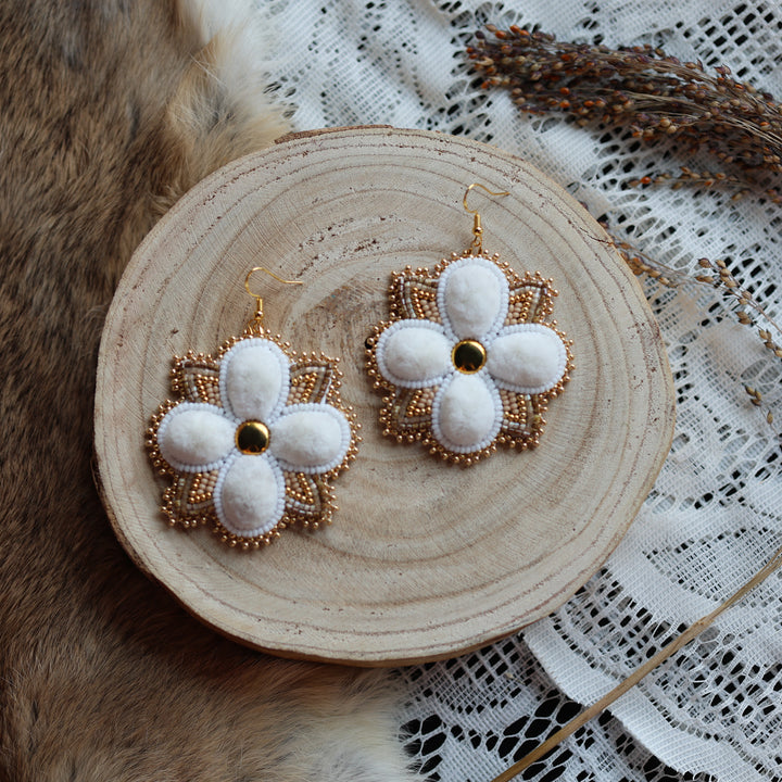 Prairie Sage Beadwork Tufted White Floral Earrings
