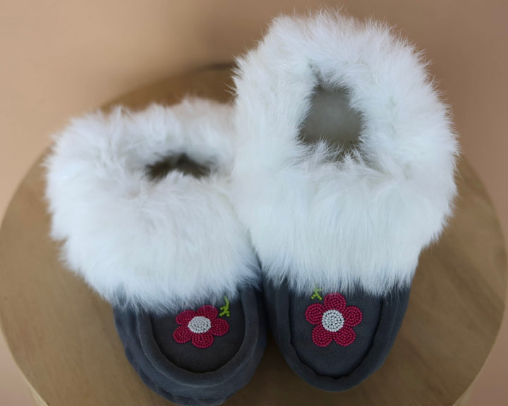Ironstar Co. Grey Moccasins With Pink Flower Detail