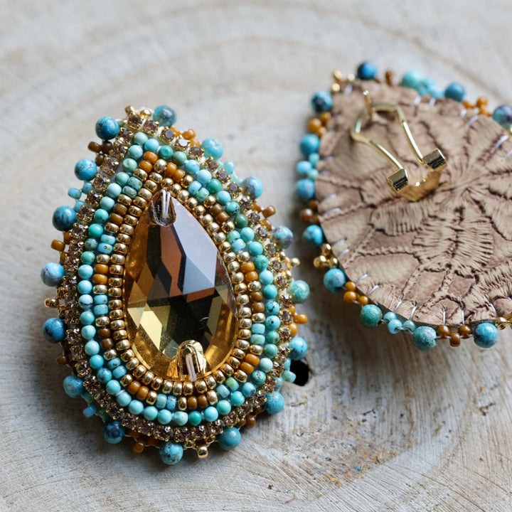 Prairie Sage Beadwork Turquoise Austrian Teardrop Beaded Earrings