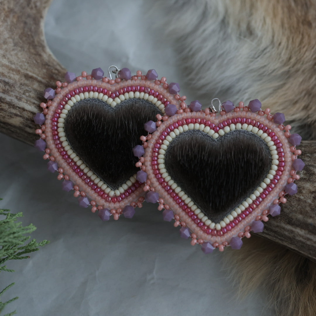 Keegan W. Seal Fur Beaded Heart Earrings