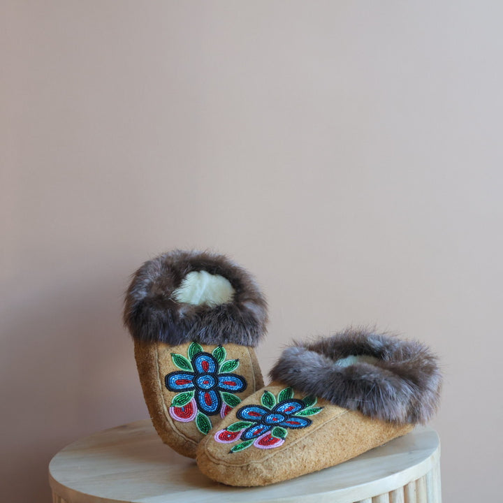Emily J. Blue & Red 4-Petal Floral Moose Hide Moccasins