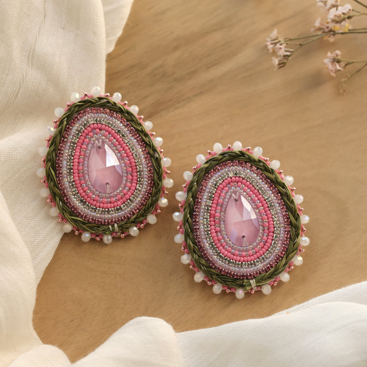Nikki P. Braided Sweetgrass Pink Teardrop Earrings