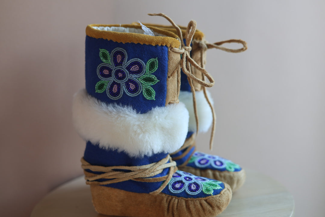 Emily J. Youth Blue Felt & Moose Hide Mukluks