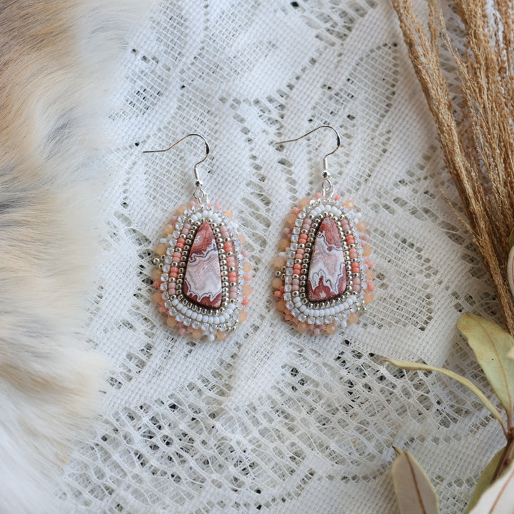 Prairie Sage Beadwork Peach Oblong Crazy Lace Agate Beaded Earrings