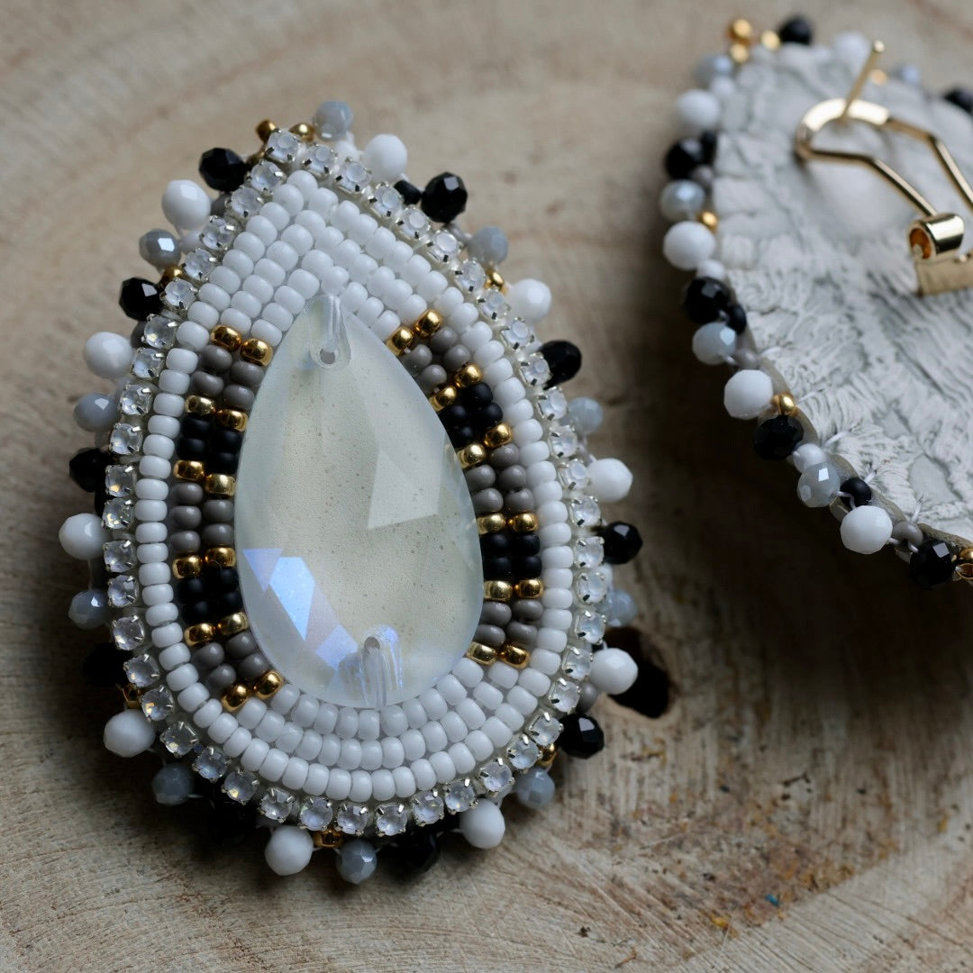Prairie Sage Beadwork White Austrian Teardrop Beaded Earrings