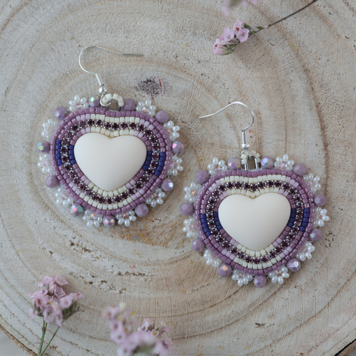 Sweetgrass Woman Creations Cream & Purple Heart Beaded Earrings