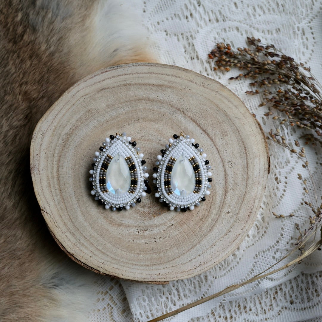 Prairie Sage Beadwork White Austrian Teardrop Beaded Earrings