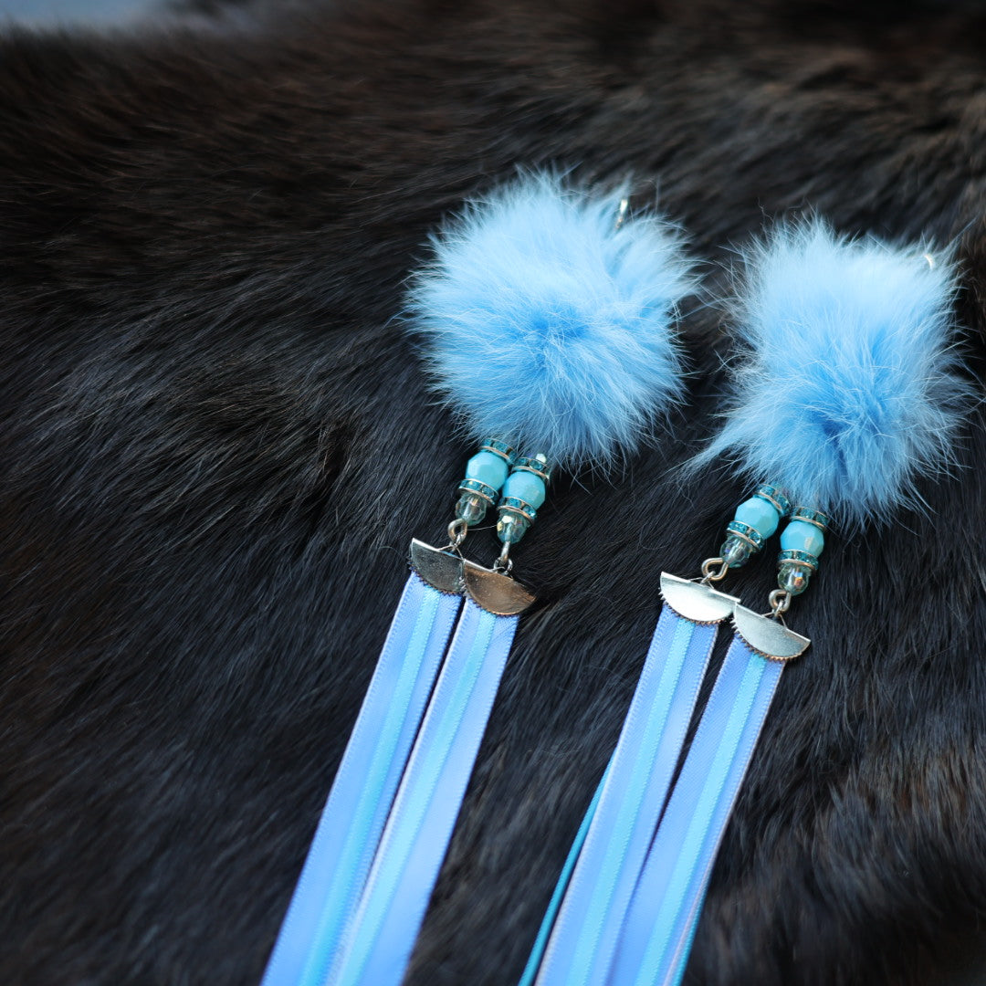 Helen Oro Designs Blue Rabbit Fur & Ribbon Earrings